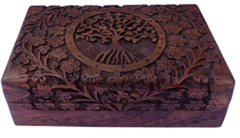 Purpledip Wooden Jewellery Box 'Tree of Life': Handcarved Intricate Design (12235)