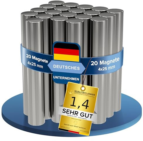 20x Neodym Power Magnet silber - Stabmagnet extra stark lang - Durchmesser 4x25mm lang - starke Magneten Supermagnet - Haftkraft ca. 0,8 kg - Magnete für Whiteboard, Pinnwand, Magnettafel, Werkstatt