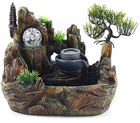 Fetcoi LED-Tischbrunnen Wasserfall Indoor/Outdoor Harz Gartenbrunnen Simulation Steingarten Luftbefeuchter Dekor