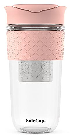 SoleCup. Large Travel Mug Loose Tea Infuser - Detachable Tea Strainer with Spill Proof Lid - 18oz/530ml BPA-Free Reusable Glass Travel Coffee Cup with Silicone Band (Pink)