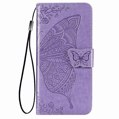 Dedux Flip Coque Samsung Galaxy A22 4G / M22, [Stand Support] [Porte Cartes de Crédit] [Fermeture Magnétique] Etui Portefeuille Fleur Papillon Rose Relief Étui Portefeuille, Violet