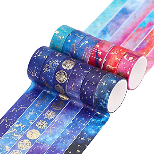 12 Rollen Washi Tape Set, Sternenhimmel Masking Tape Gold Stamping, Multi-Pattern Dekoratives Klebeband für Heimwerken 5mm x 2m