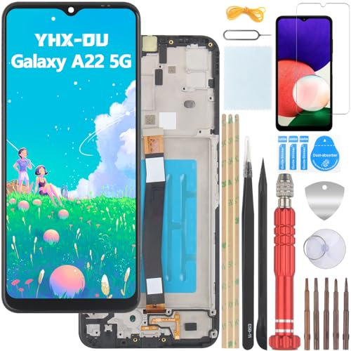YHX-OU 6.6'' Negro+Marco Pantalla LCD para Samsung Galaxy A22 5G SM-A226B SM-A226B/DS Digitalizador Pantalla Táctil de Reemplazo con Herramienta de Instalación+ 1 Pieza Cristal Templado