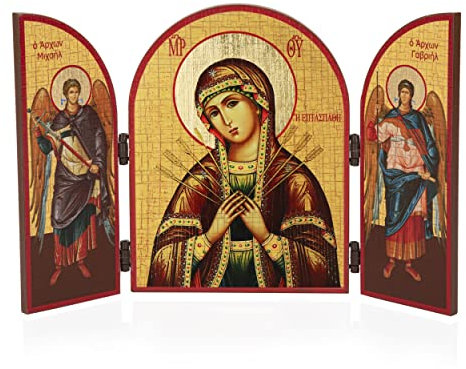 NKlaus Christliche Ikone Gottesmutter Siebenpfeilige Triptychon Holz Wandbild 25x16cm christlich 11324