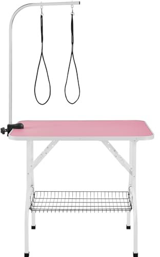 costoffs Foldable Pet Dog Grooming Table with Basket Adjustable Arm Double Tether Salon Table for Small Medium Dogs/Cats 160cm High Pink