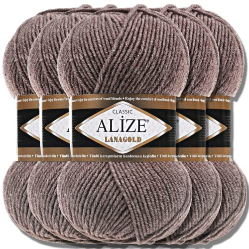 Alize 5 x 100g Lanagold Türkische Premium Wolle Baumwolle und Acryl Handstrickgarne | Yarn | Garn | Strickgarn Accessoire Baby zum Häkeln Stricken Kleidung Schals (Cocoa | 240)