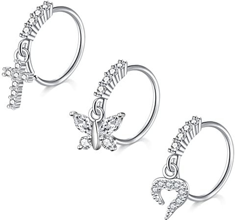 Mayhoop Nasenring 20G Nasenpiercing Hoops Silber Kreuz Schmetterling Herz CZ Knorpel Helix Ohr Piercing Schmuck für Frauen Männer 3Stk