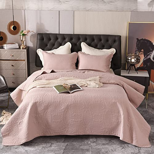 XIUWOUG Couvre-Lit Matelassé De Luxe, Dessus De Lit 2 Personnes 220X240 Boutis Coton,Couvre Couverture Lit D'été Réversible avec 2 Taies d'oreiller Parure De Lit,Rose,220x240