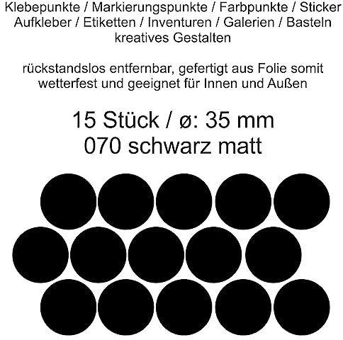 Aufkleber Etiketten Klebepunkte aus Folie 15 Stück schwarz matt rund 35 mm selbstklebend farbig wetterfest Decal Markierungen Organisieren DIY basteln verzieren Modellbau Scrapbooking