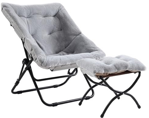 SESHINELL Comfy Saucer Chair with Ottoman, Oversized Foldable Faux Fur Lounge Accent Readin Chair Set with Metal Frame Moon for Bedroom, Living Room, Dorm Rooms, Grey