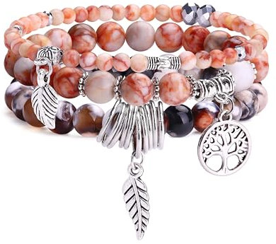Dochais 3 Stück Boho Armbänder Damen, Yoga Armband Damen Chakra, Verstellbares Bohemian Armband, Boho Schmuck Bracelet, Rosenquarz Turmalin Edelstein Armband Set Für Damen (3 Stück, Stil 1)