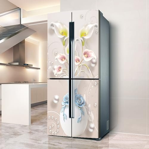 Targawerelax Fridge wraps kitchen fridge stickers cover full doors, fridge sticker full covering door fridge covers skins wall stickers for kitchen decal, Retro vase white flower Calla Lily