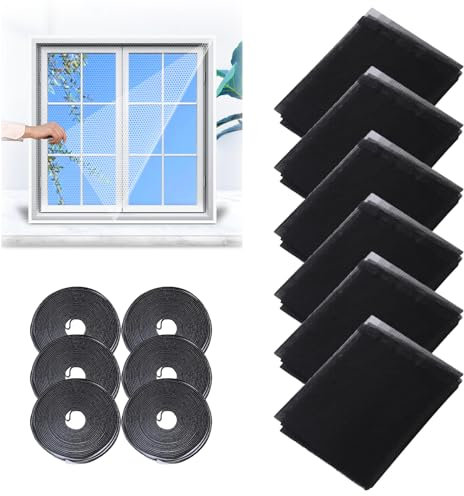 Koomuao 6 Stück Fliegengitter für Fenster, 130 x 150cm Fliegennetz Insektenschutz Netz mit 6 Rollen Selbstklebeband DIY Moskitonetze für Fenster Mücken Insekten Fliegen (Schwarz)