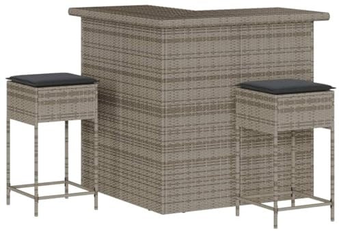 vidaXL Gartenbar Set 3-TLG., Gartenmöbel mit Kissen, Bartisch Stehtisch Barhocker Barstuhl, Theke Bar Tresen Gartentheke Sitzgruppe, Grau Poly Rattan
