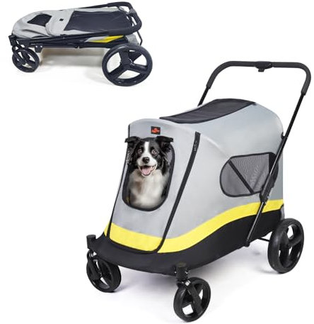 BingoPaw klappbar Hundebuggy mit Regenschutz: Hundewagen bis 42kg Faltbar Transportwagen Haustier Buggy für große kleine Hunde, Hundetrolley mit Sicherheitsgurt, 4 Rädern, 3 Netzfenster