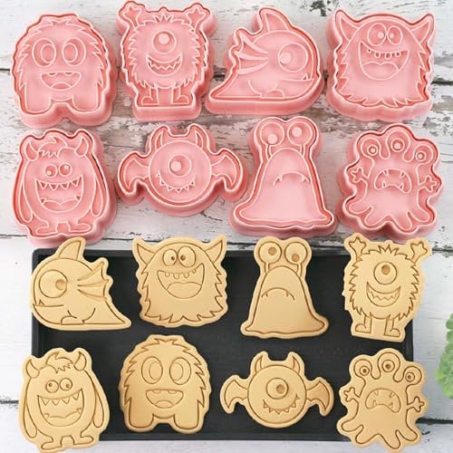 8 Piece Mini Halloween Cookie Cutters, 3d Monster Raised Design Cookie Stamps, Cookie Cutter Set suitable for Frosting Decoration, Day of The Dead Decorations (Halloween Monsters)