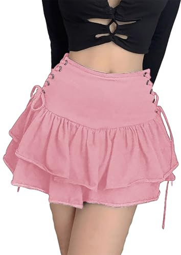 DINGJIUYAN Goth Ästhetik Schwarzer Plissierter Rock Vintage Rüschen Miniröcke Streetwear Hohe Taille Ösen Bandage Sommer Outfits, rose, XL