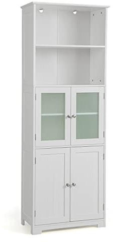 FANTASK Armario de Almacenamiento con Puertas de Cristal, 2 Compartimentos Abiertos y estantes Ajustables, Armario Alto para baño