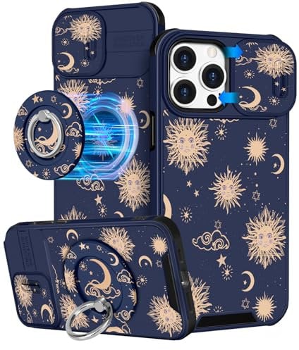 VincitoreModa for iPhone 12 Pro Max Case - [2in1] Cute Girls Women Sun Moon Star Compatible with MagSafe Ring Stand Girly Slide Camera Cover Cool Design for Apple for iPhone 12 Pro Max Phone Case 6.7