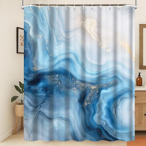 Xiaoterna Rideau de Douche en marbre Rideau de Douche en marbre Bleu Rideau de Douche Abstrait Bleu Or imperméable Rideau de Douche Art Moderne Tissu imperméable et Lavable en Machine 105x160cm