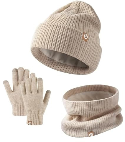 fdsmall Kinder Mütze Hut Schal Handschuh Set, warme gestrickte Mütze Hut Schal und Handschuhe Set Thermal cap Fleece gefütterte Herren Winter Cap Nackenwärmer mit Touchscreen Handschuhe
