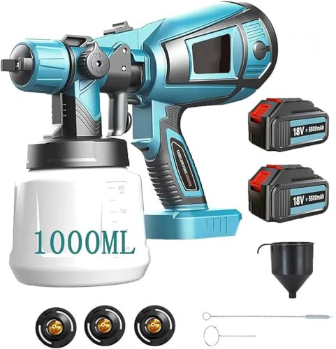 Akku Farbsprühsystem, Ersatz für Makita,mit 2x5500mAh Batterie, Lackierpistole zum Streichen von Wänden, Decken, Möbel, Gartenzaun, Sprühgerät 1000ml Abnehmbarer Behälter, Hohe Leistung