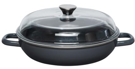Riess, 0058-003, Schmorpfanne mit Glasdeckel Ø 28cm, DARK GREY, Vol. (rec.): 2,6 Liter, Made in Österreich, LBH: 37,7x29,2x14,1cm, 3,068kg, Schmorpfanne, Emailliert, Kratzfest, Ofenfest