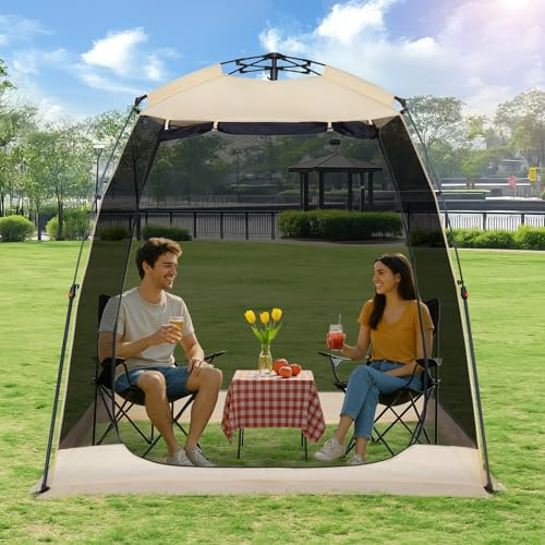 EighteenTek Upgraded Pod Allwetter-Sportzelt für 2–4 Personen, Pop-Up-Sichtschutz, Outdoor, Camping, Pavillon, Unterstand mit Netzwänden, Beige, 208 x 120 x 200 cm H