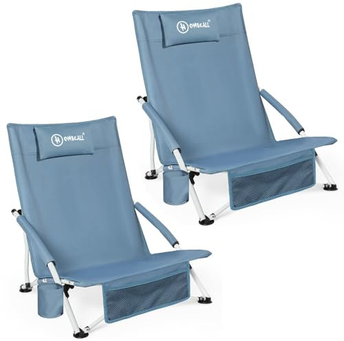 Homecall Strandstuhl Klappbar Leicht klappstuhl Strand Campingstuhl Niedrig Mit Bequeme Rückenlehne, Gepolsterte Armlehnen - strandsessel strandstühle faltbar Bis 120KG (2 Stühle mit Kissen)