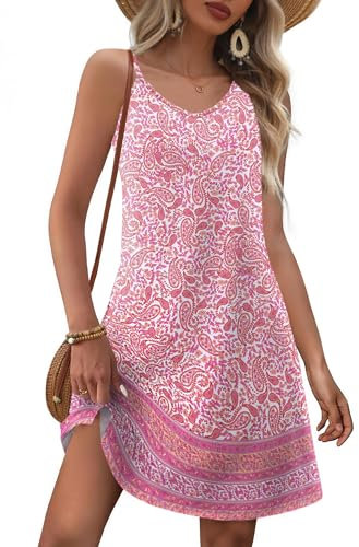 EIRUKON Robe D'été Femme sans Manches Col V Boheme Robe de Plage Chic et Elegant Mini Robes Fleurie Décontractée Bretelles Spaghetti Tunique Robes avec Poches,Rose,L