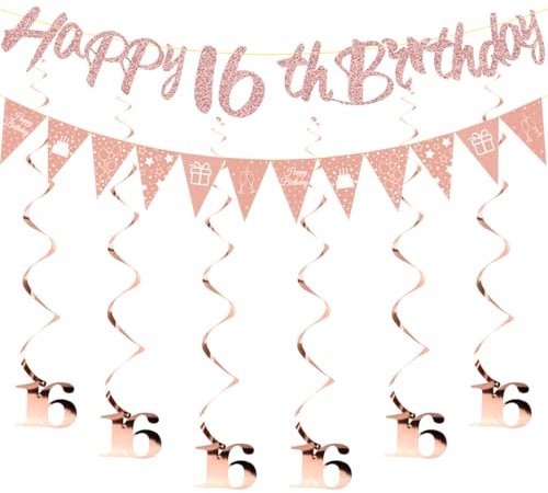 HUKUMA 16. Geburtstag Partydeko Set,Geburtstagsdeko 16 jahre,Sweet 16 Deko Luftschlangen Rosegold,Girlande Spiralen, Happy Birthday Banner Deko zum 16 Geburtstag Mädchen