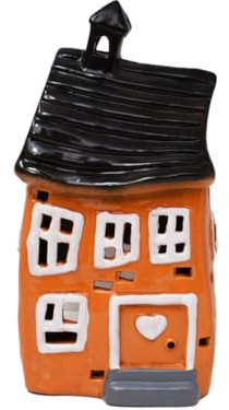 Lichthaus Windlicht Haus aus Keramik - schiefes Design - Teelichthalter Miniatur Dekohaus Tischdeko, Fensterbank, für gemütliche Lichtstimmung - orange, B11xT8,5xH21,5cm