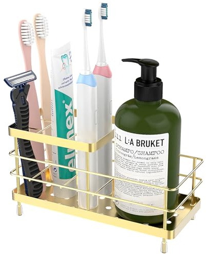 Luxspire Zahnbürstenhalter, 6 Schlitze Edelstahl Zahnbürstenhalter mit Abfluss, Zahnbürstenhalter für Badezimmer Arbeitsplatte & Küchenspüle, Badezimmer Zubehör, Gold