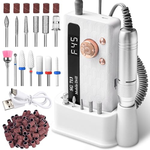 Professional Nail Drill Kit 45000RPM, Portable Electric Nail File with 13 Bits & 56pcs Sanding Bands,LED Screen,Ultra-Silent, Rechargeable Nail Drills Machine for Acrylic Nails Gel Polishing (White)