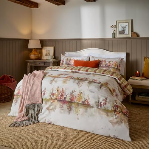 Voyage Maison Wilderness Duvet Cover Set – Woodland Forest Stag Reversible 100% Tumbled Cotton Bedding (Plum - Double)