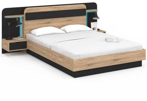 IDMarket - Doppelbett Nathan 140 x 190 cm mit Kopfteil, Hängekonsolen, Regal, LED und Lattenrost in Holz und Schwarz