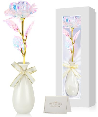 Ruibinlee Rose Eternelle,Cadeau Femme Noel pour Maman, Belle-Mère, Mamie et Petite Amie Rose Galaxie en Feuille d'or avec Vase,Cadeaux Saint Valentin Femme