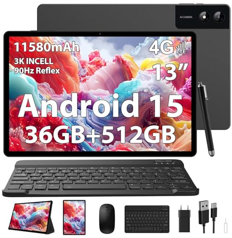 PIXPEAK 3K Tablet 13 pollici con Android 15, 36GB RAM, 512GB ROM (Estensione 2TB), 4G Lte/5G WiFi, 2940*1840, 11580mAh, G99 2.2GHz, 13MP+8MP, Tablet in offerta con Tastiera/GPS/Bluet/4 Speakers-Nero