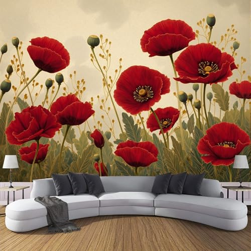 Fototapete 3D Effekt, Tapete Mohnblumen Rot Mit Vintage Blumen Muster Fototapete Wandgemälde, Seidenstoff Wohnzimmer Schlafzimmer Flur Wanddekoration ‎150x105cm (B×H)