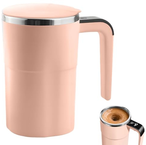 Wapasezyar Self Stirring Cup, 380 ml Self-Stirring Mug with Temperature Display, 304 Stainless Steel Magnetic Electric Shaker with Handle for Hot Chocolate, Coffee, Milk (Pink, 380 ml)