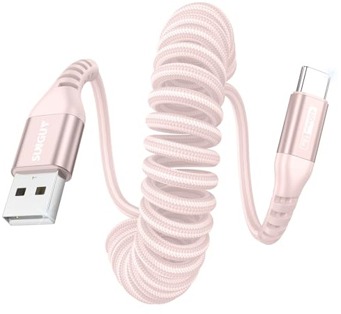 SUNGUY Cavo a Spirale USB C, 1Pezzi 1.2M [Lunghezza comoda: 0.3-0.8M] USB a USB-C e Cavo Dati per Android Auto, CarPlay, iPhone Serie 17/16/15, Galaxy S24 Ultra S23 FE, Google Pixel, Xiaomi - Rosa