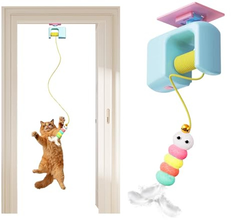 Draymora Interactive Cat Toy for Indoor Cats Door Hanging Cat Toy USB Rechargeable Automatic Retractable Electronic Self Play String Mouse with Feathers Boredom Breaker Enrichment for Kitten (Pink)