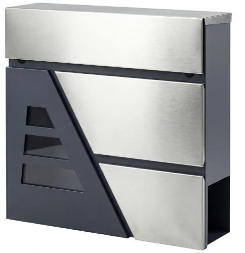 HOMCOM Buzón Exterior de Acero Inoxidable 13 L de Pared Correo Gris Oscuro | con Cerradura y 2 Llaves, Cierre Silencioso, Tapa Antilluvia, Soporte para Periódicos, Moderno, Fácil de Instalar