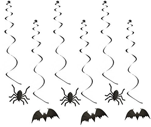 Oblique Unique® Halloween Spinnen & Fledermaus Deckenhänger Girlande - 6 Stück - Spiral Girlanden in Schwarz