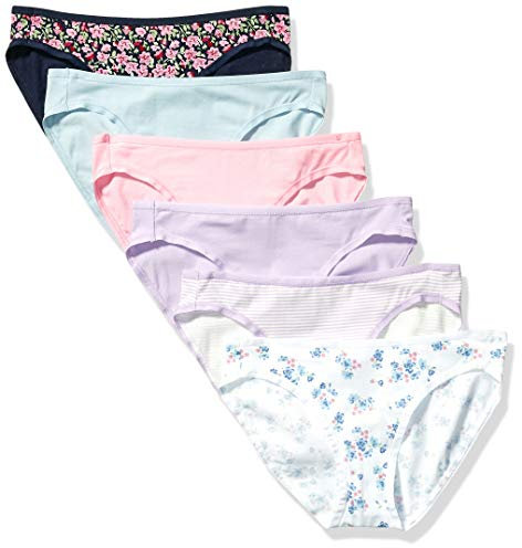 Amazon Essentials Bas de bikini en coton (grandes tailles disponibles) Femme, Lot de 6, Noir Fleuri/Bleu/Lilas/Rose/Rayures/Blanc Jaune Floral, 44