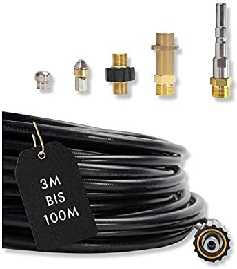 Rohrreinigungsschlauch - Set PROFESSIONAL (6-Teilig) für Kärcher Kränzle NILFISK ALTO WAP Professional HD HDS Anschluss 1/8 AG : M22 x 1,5 IG & Bajonett-Adapter & Adapter KEW & 2x Düsen (15 Meter)