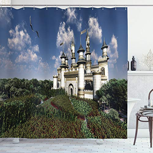 ABAKUHAUS Märchen Duschvorhang, Eagles und EIN Schloss, Stoffliches Gewebe Badezimmerdekorationsset mit Haken, 175 x 240 cm, Dunkelgrün Blau