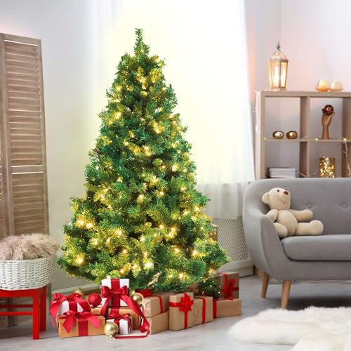 Olsen & Smith 6ft Pre Lit Christmas Tree 300 White LED Lights & 700 Branch Tips Pine Xmas Tree for Home Decor - Artificial Christmas Tree 6ft and Metal Stand - Traditional Christmas Decor
