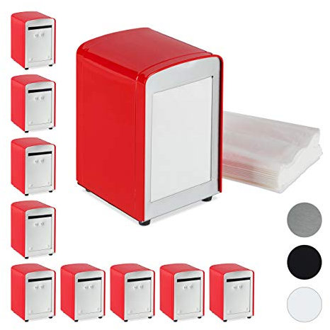 10 x Serviettenspender Retro, Metall, kleine Gastro Serviettenhalter für Eisdiele, Café, Bistro, HBT: 15x9,5x11, rot