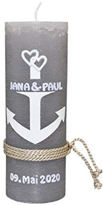 Hochzeitskerzen Rustik Anker 190 x 68 mm mit Namensverzierung aus hochwertigen Wachsbuchstaben und Sichtkarton